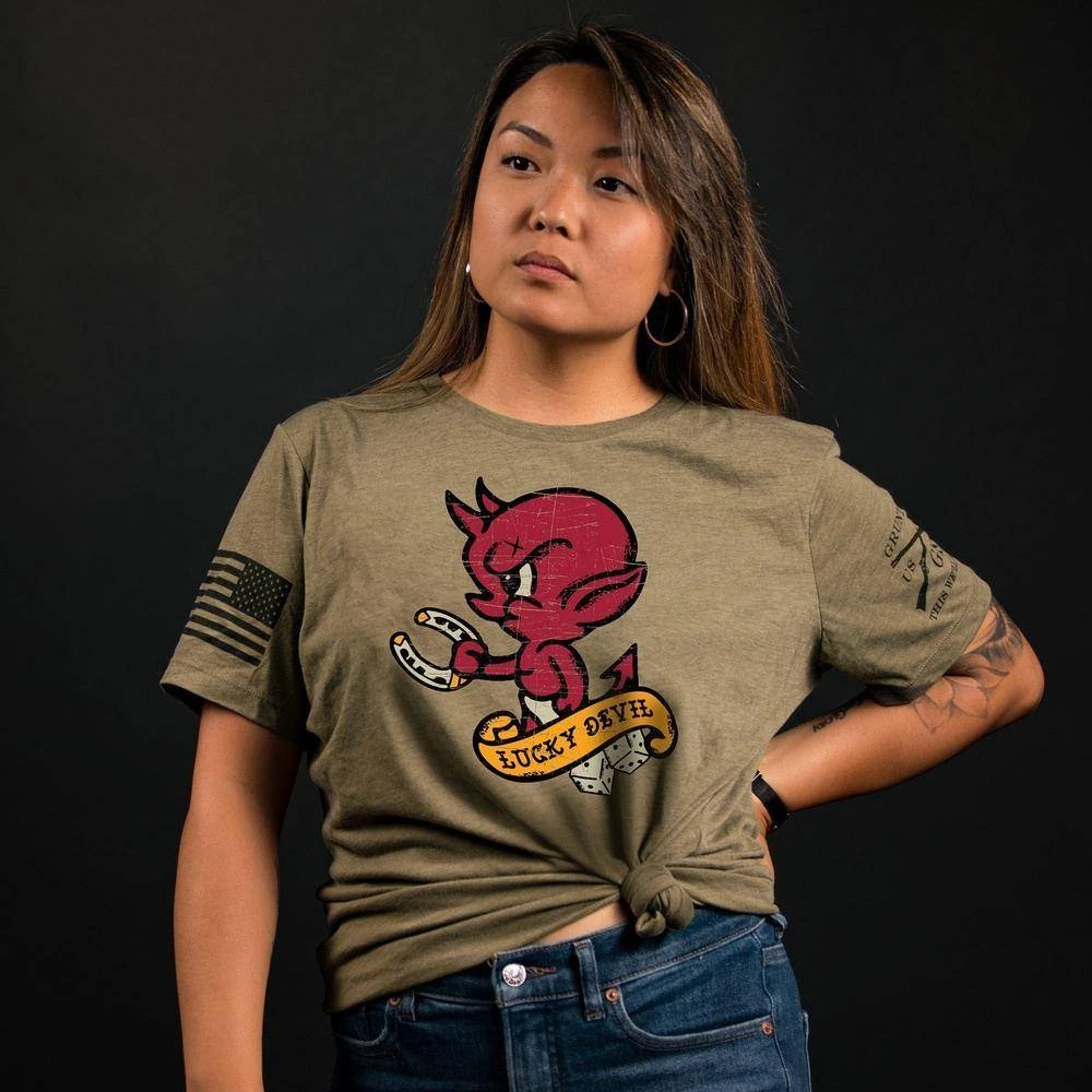 Women's Lucky Devil Relaxed Fit T-Shirt - Olive Triblend 3 Women's Lucky Devil Relaxed Fit T-Shirt - Olive Triblend