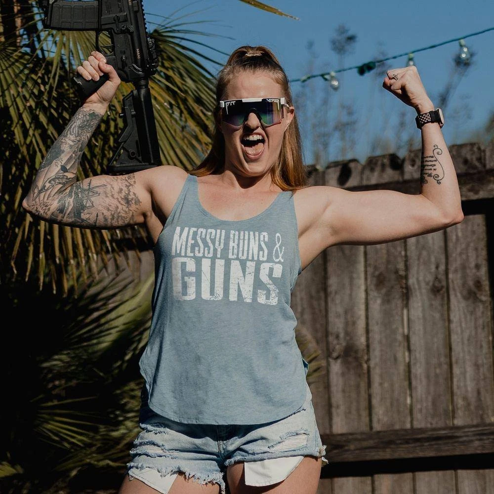 Women's Messy Buns & Guns Flowy Tank - Stonewash Denim 3 Women's Messy Buns & Guns Flowy Tank - Stonewash Denim
