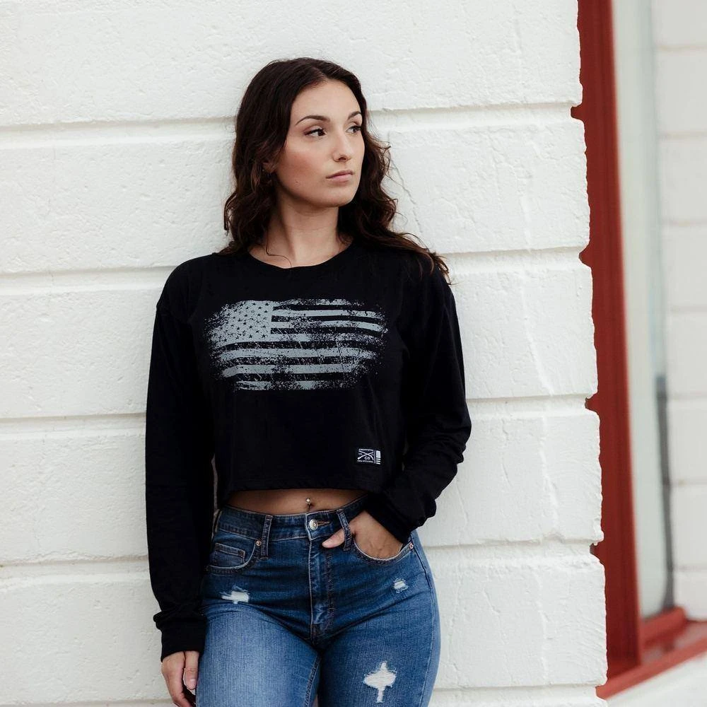 Women's Vintage American Long Sleeve Cropped T-Shirt - Black 4 Women's Vintage American Long Sleeve Cropped T-Shirt - Black - Image 2