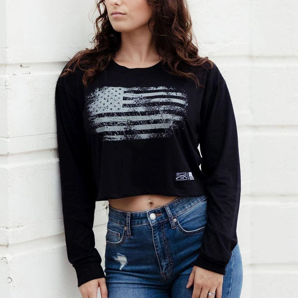Women's Vintage American Long Sleeve Cropped T-Shirt - Black 3 Women's Vintage American Long Sleeve Cropped T-Shirt - Black