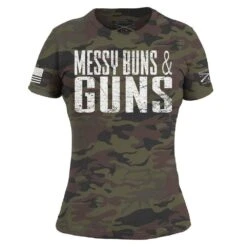 Women's Messy Buns & Guns T-Shirt - Woodland Camo -Fashion Trend Clothing Store GS5021 Women sWoodlandCamoMessyBuns Guns STANDARD WEB READY front