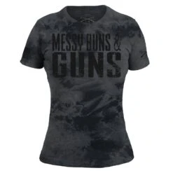 Women's Messy Buns & Guns T-Shirt - Black Wash -Fashion Trend Clothing Store GS5162 MessyBuns Guns BlackWash STANDARD WEB READY front