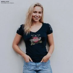 Women's Murica Brewing V-Neck - Midnight Navy -Fashion Trend Clothing Store Model Info Poster 2000x2000 GS5753MuricaSince1776Women sV Neck MidnightNavy