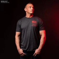 Red Blood Blue Collar™ T-Shirt - Charcoal -Fashion Trend Clothing Store Model Info Poster 2000x2000 GS5758RedBloodBlueCollar Charcoal 1