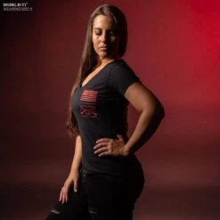 Women's Red Blood Blue Collar™ V-Neck - Black -Fashion Trend Clothing Store Model Info Poster 2000x2000 GS5759WomensRedBloodBlueCollarV Neck Black