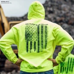 Red Blood Blue Collar™Hoodie - Safety Green -Fashion Trend Clothing Store Model Info Poster 2000x2000 GS5805RedBloodBlueCollarHoodie SafetyGreen