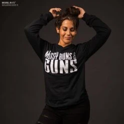 Women's Messy Buns & Guns Long Sleeve - Black 10 Women's Messy Buns & Guns Long Sleeve - Black -Fashion Trend Clothing Store Model Info Poster 2000x2000 GS5839Women sMessyBunsandGunsLS Black