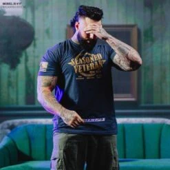 Seasoned Veteran T-Shirt - Midnight Navy -Fashion Trend Clothing Store Model Info Poster 2000x2000 GS5941SeasonedVeteran MidnightNavy