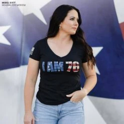 Women's I AM 76 V-Neck - Black -Fashion Trend Clothing Store Model Info Poster 2000x2000 copy 2