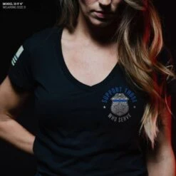 Women's Blue Line Support Those Who Serve V-Neck T-Shirt - Black -Fashion Trend Clothing Store Model Info Poster 2000x2000 copy GS5830BlueLineSupportThoseWhoServeV Neck
